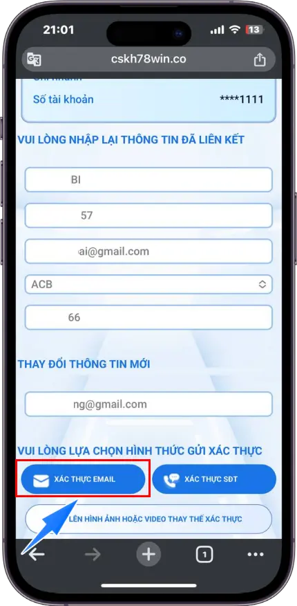 Bước 3 : Nhập thông tin đã đăng ký tại hệ thống >> Nhập thông tin muốn thay đổi >> Chọn xác thực EMAIL